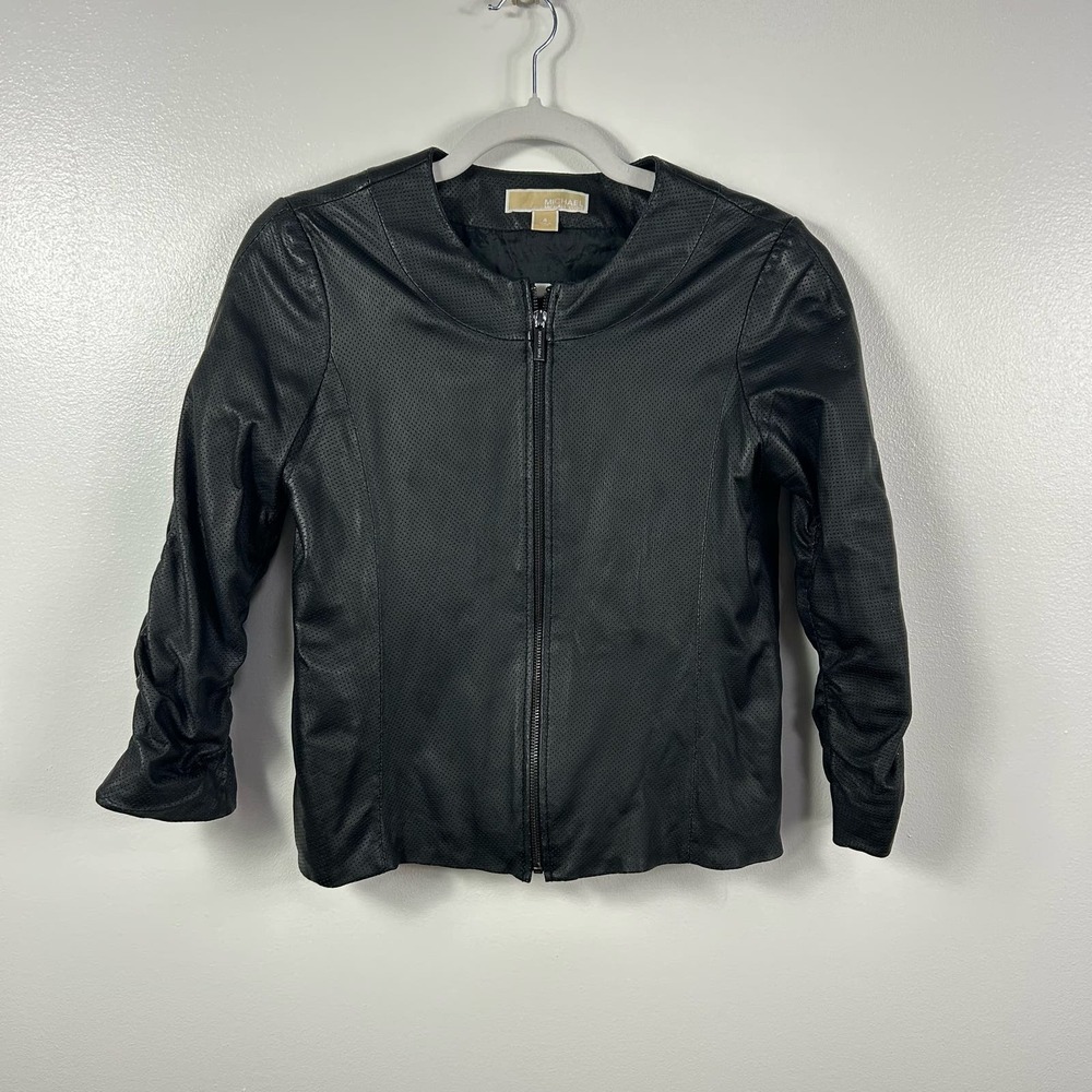 Michael Kors Black Genuine Leather Zip Up Jacket Coat Size 4